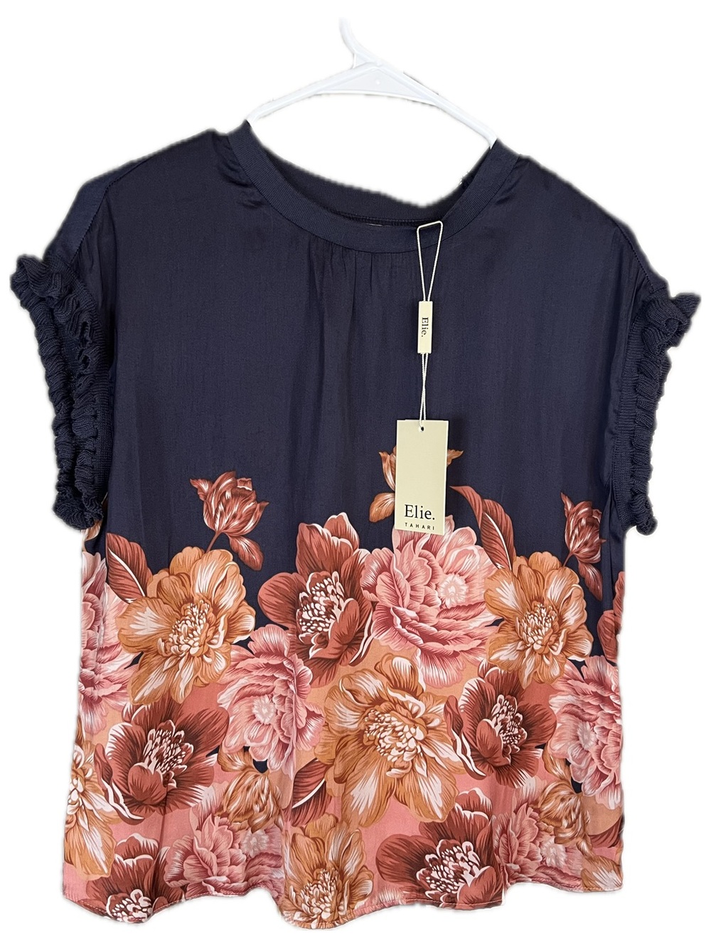 Tahari NWT Navy Sunset Coral Floral Ruffle-Sleeve Tunic relax fit